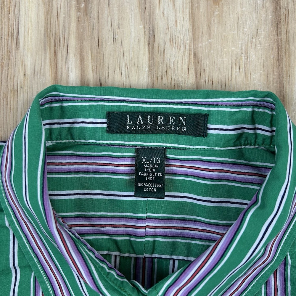 Vintage Lauren Ralph Lauren Women's XL Green Pink Stripe Long Sleeve Button Shir - Picture 3 of 9